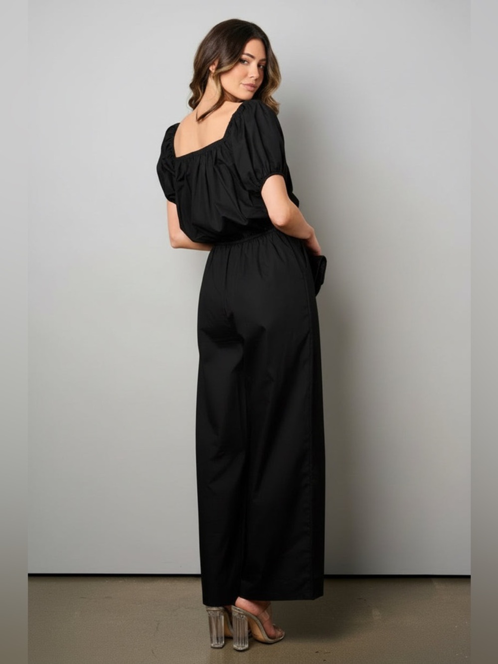 MIDNIGHT CLINCH PUFF SLEEVE ELASTIC WAIST WIDE LEG JUMPSUIT - Picture 3 of 7